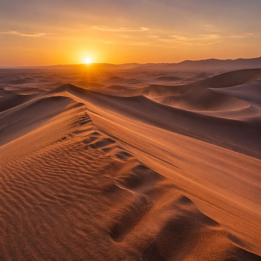 Golden Sunset Over Sweeping Desert Dunes