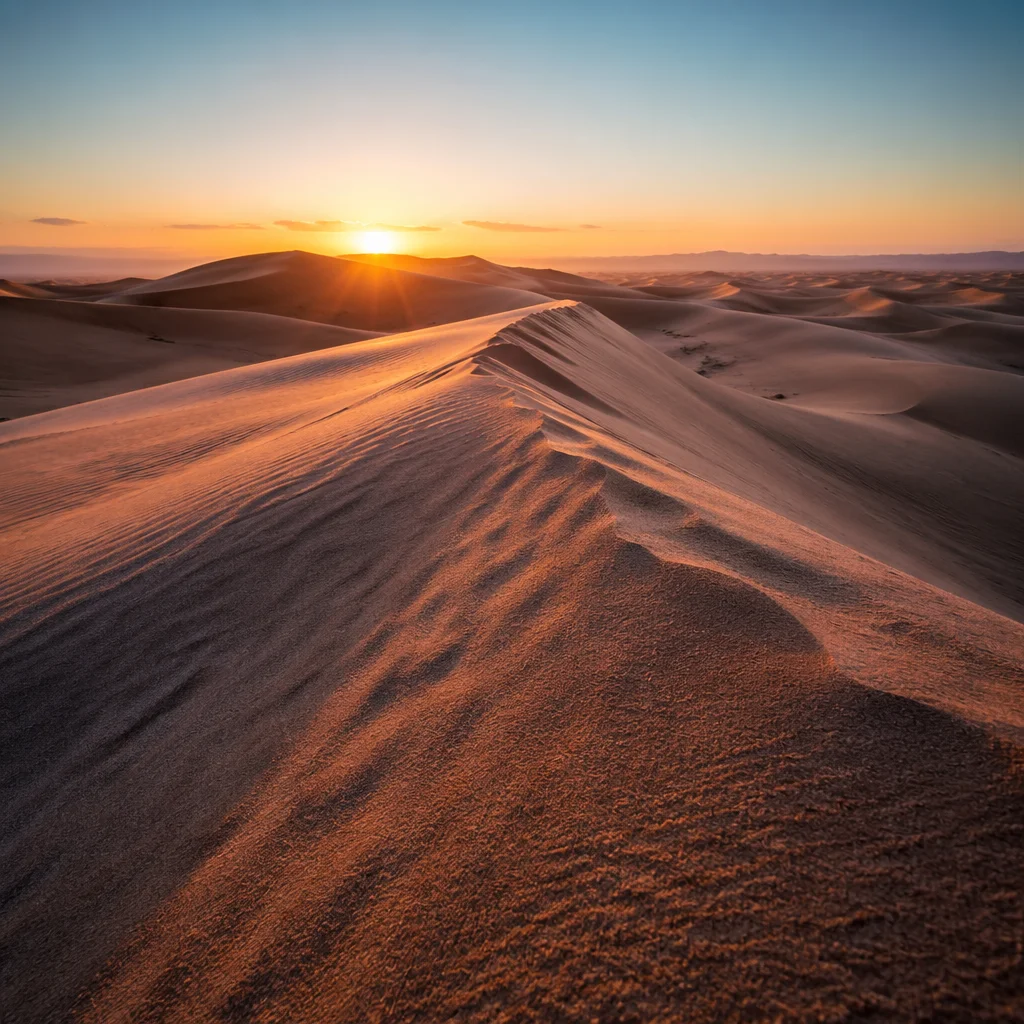 Golden Sunset Over Desert Sand Dunes