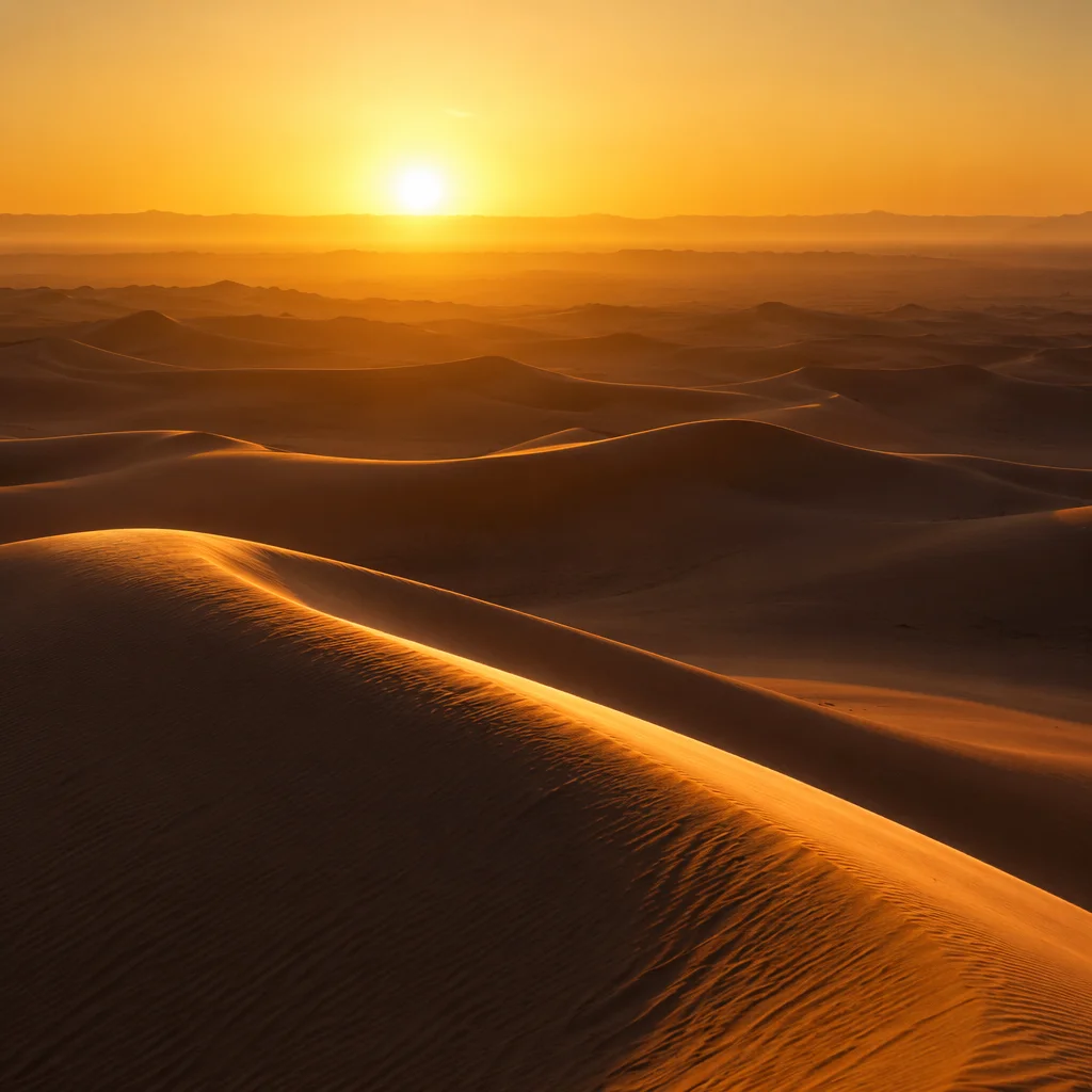 Golden Sunset Over Endless Desert Dunes