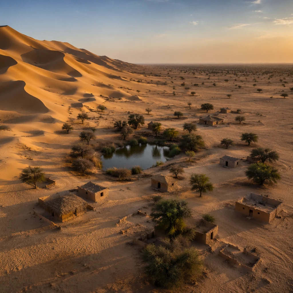 Golden Sunset Over Desert Oasis Dunes