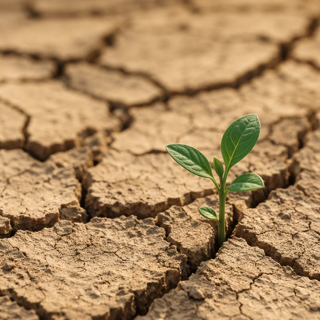Green Seedling Rising From Cracked Drought Earth