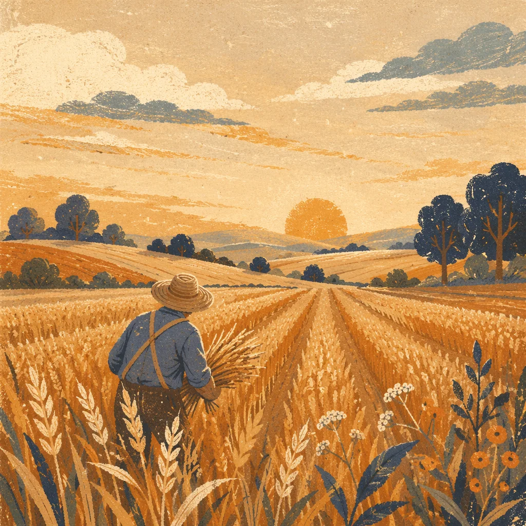 Farmer Harvesting Grain at Golden Hour