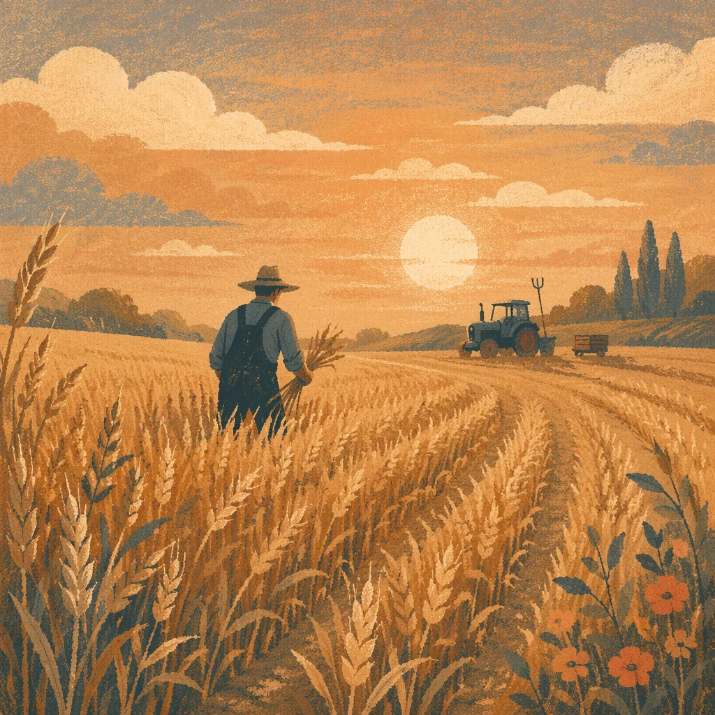 Farmer Harvesting Wheat at Golden Hour