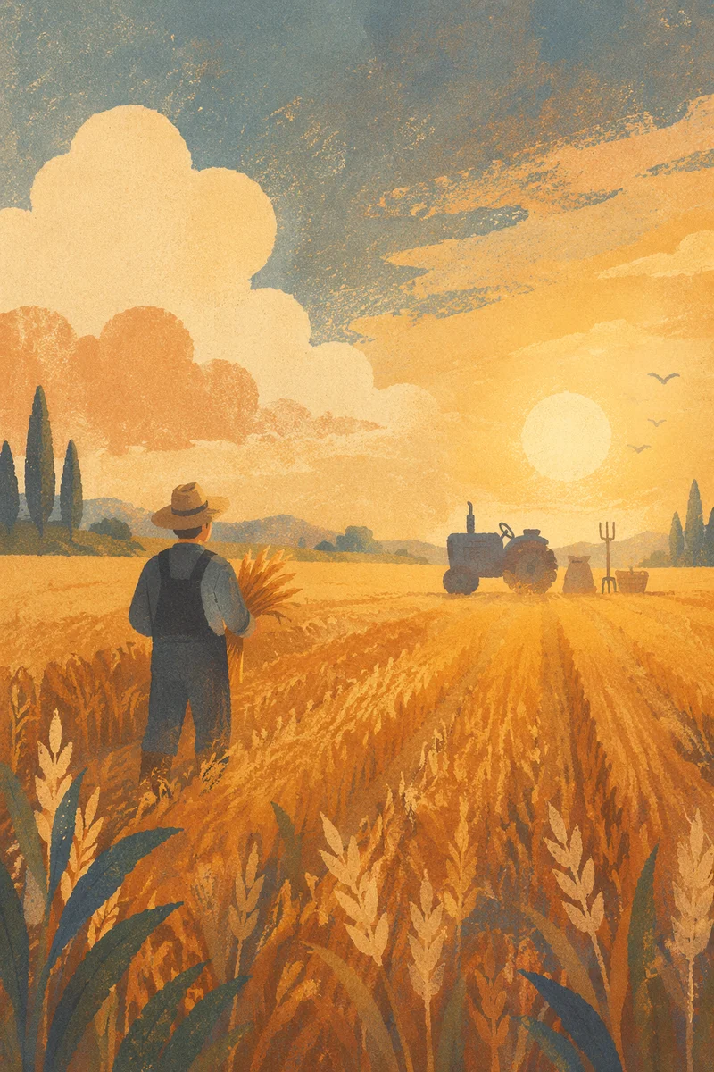 Farmer Harvesting Wheat at Golden Hour