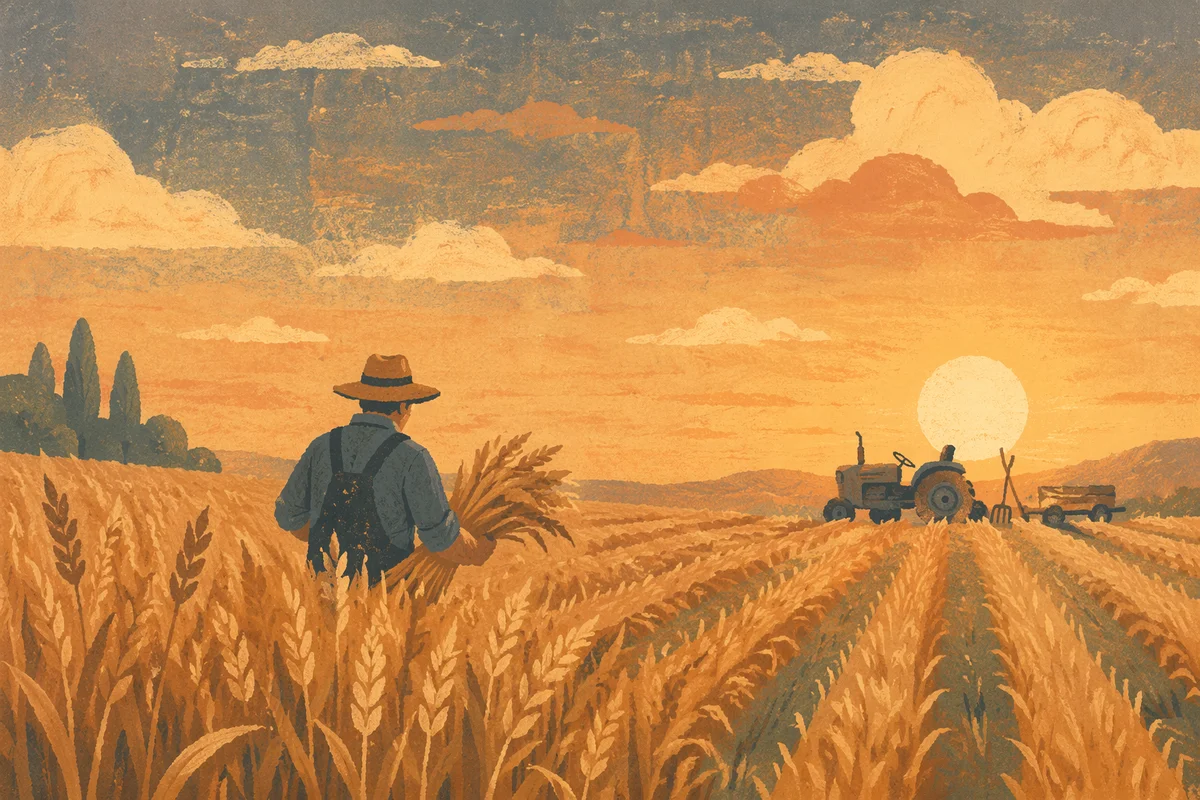 Farmer Harvesting Wheat at Golden Hour