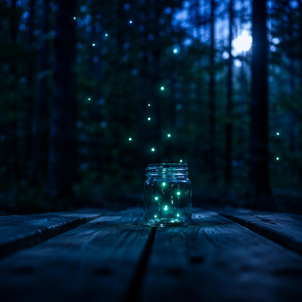Glowing Fireflies in Moonlit Summer Forest