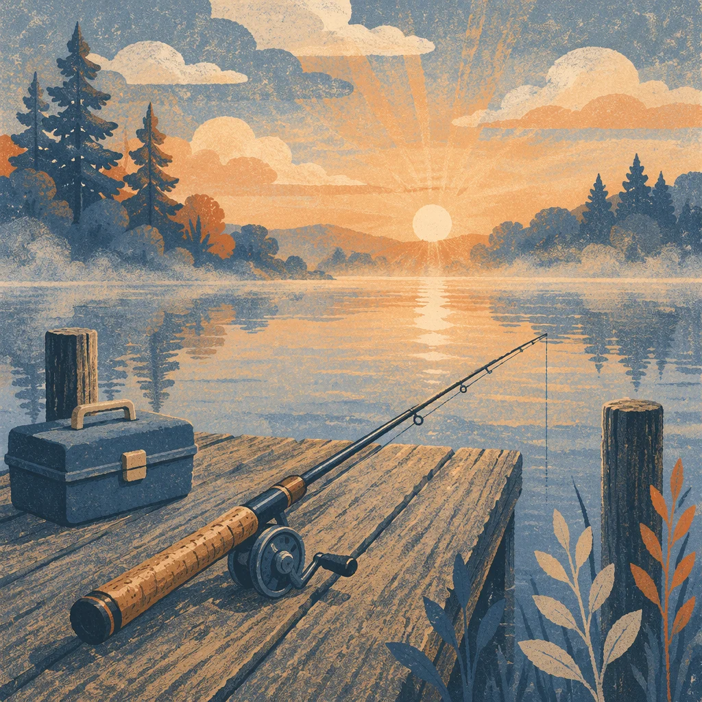 Sunrise Fishing Rod on Quiet Lake Dock