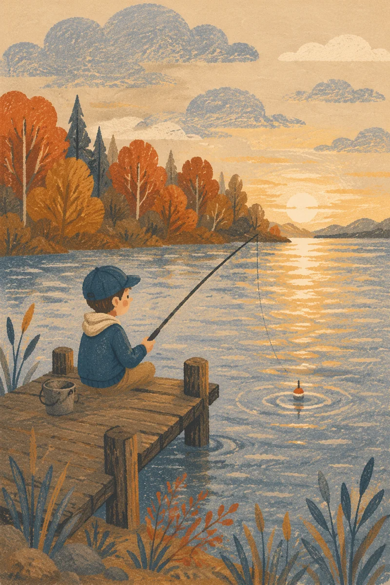 Calm Sunrise Fishing Rod on Lake Dock