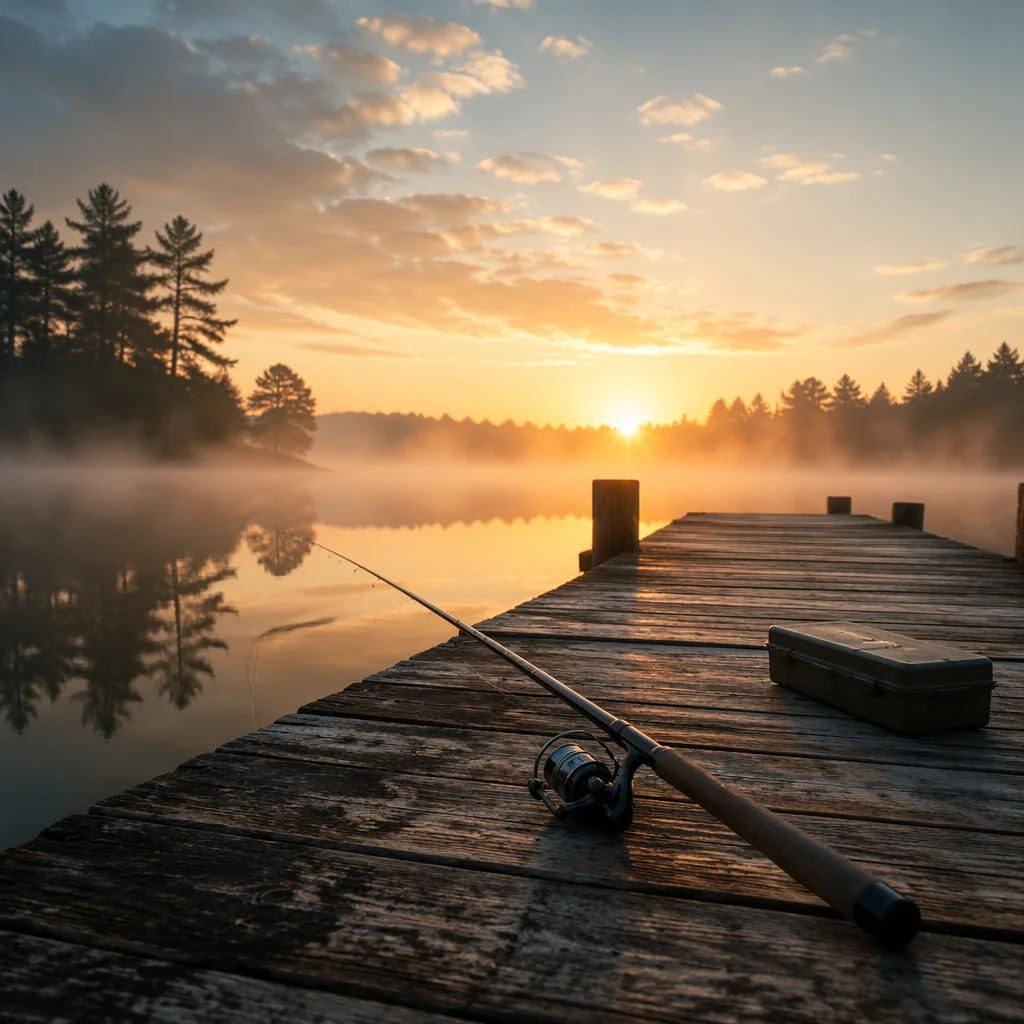 Peaceful Sunrise Fishing Rod on Lake Dock