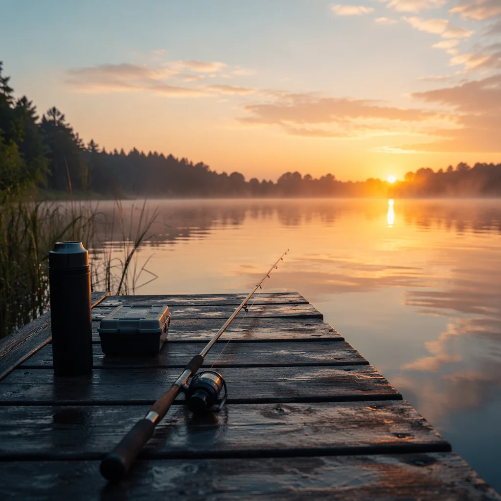 Calm Sunrise Fishing Rod on Lake Dock