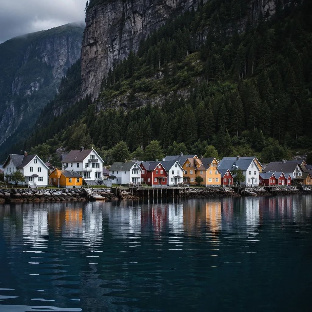 Serene Nordic Fjord Village Beneath Cliffs