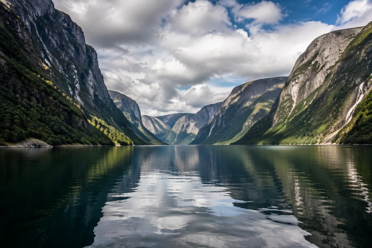 Serene Norwegian Fjord With Steep Granite Cliffs