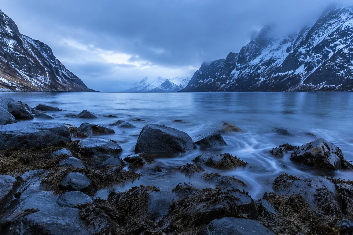 Blue Hour Norway Fjord with Steep Cliffs