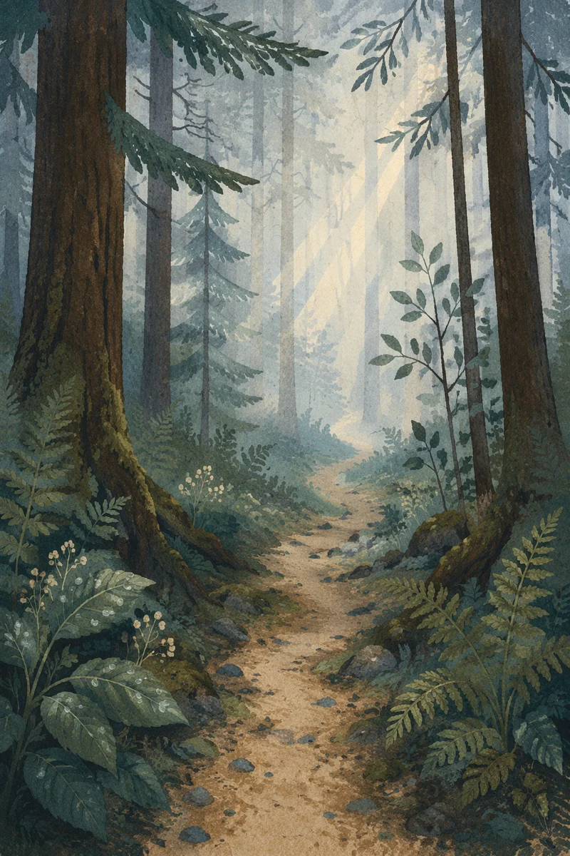 Foggy Forest Path at Peaceful Dawn