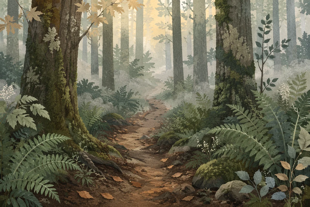 Peaceful Foggy Forest Path at Dawn