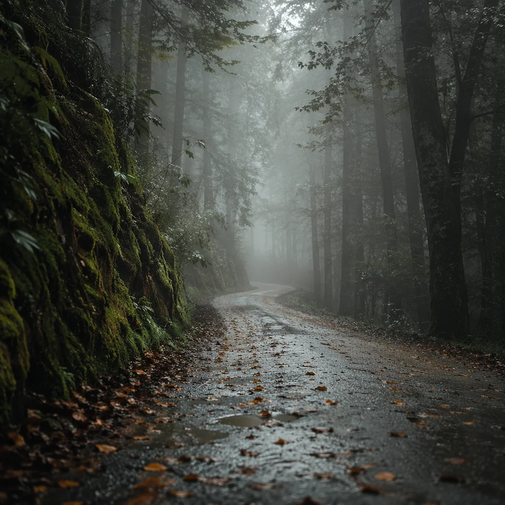 Foggy Morning Forest Path in Peaceful Mist