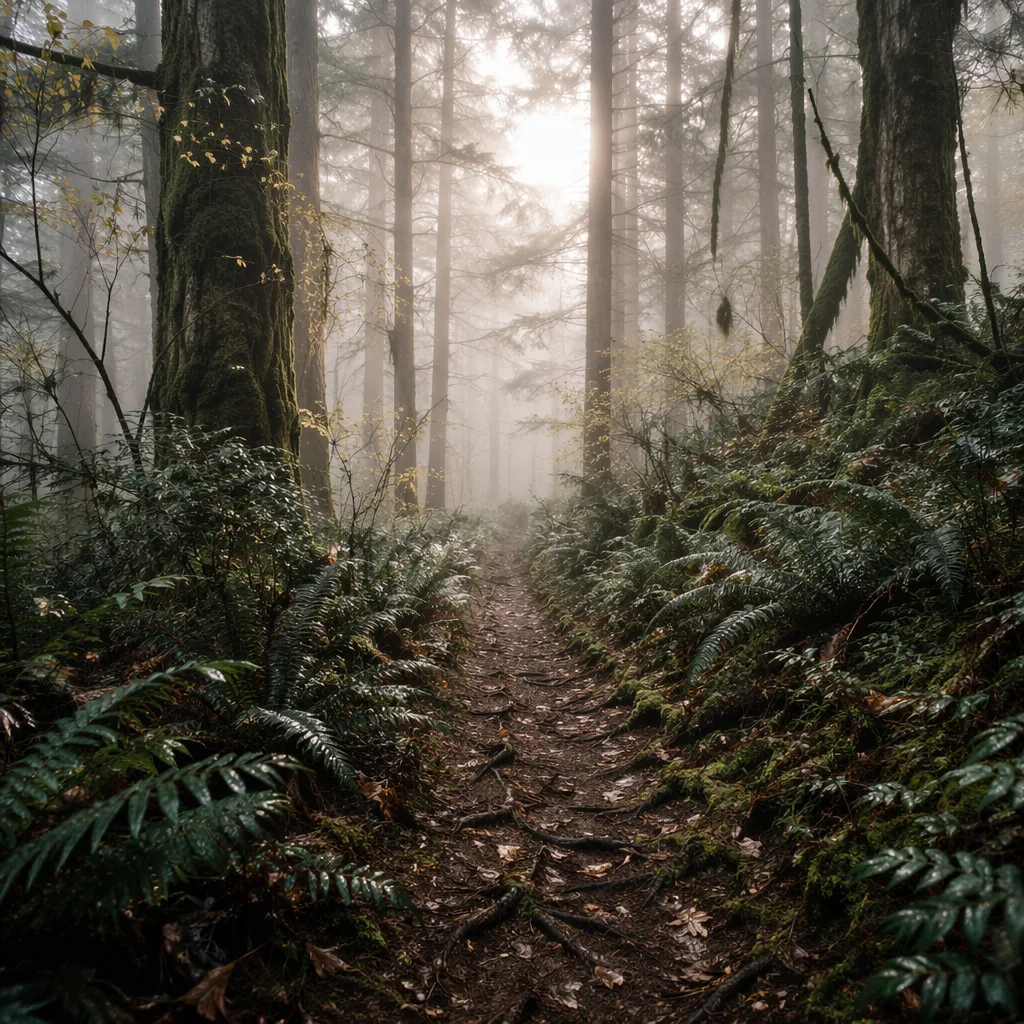 Peaceful Foggy Forest Path at Dawn