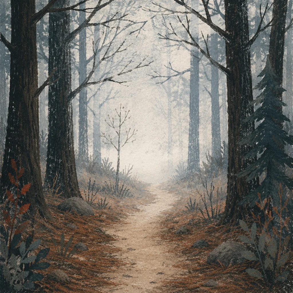Foggy Dawn Forest Path in Mist