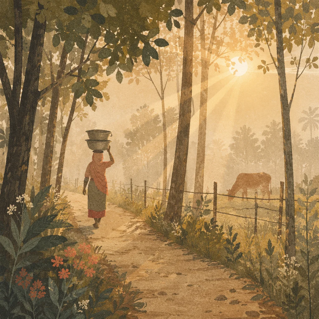 Foggy Morning Forest Path at Dawn