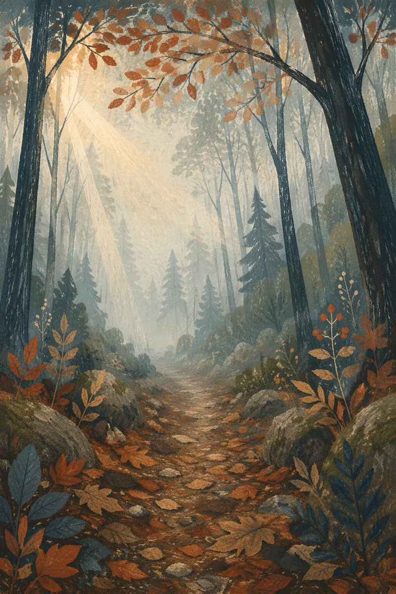 Foggy Dawn Forest Path Through Tall Trees
