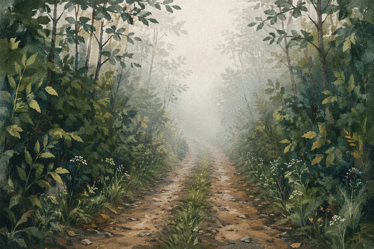 Foggy Morning Forest Path in Mist