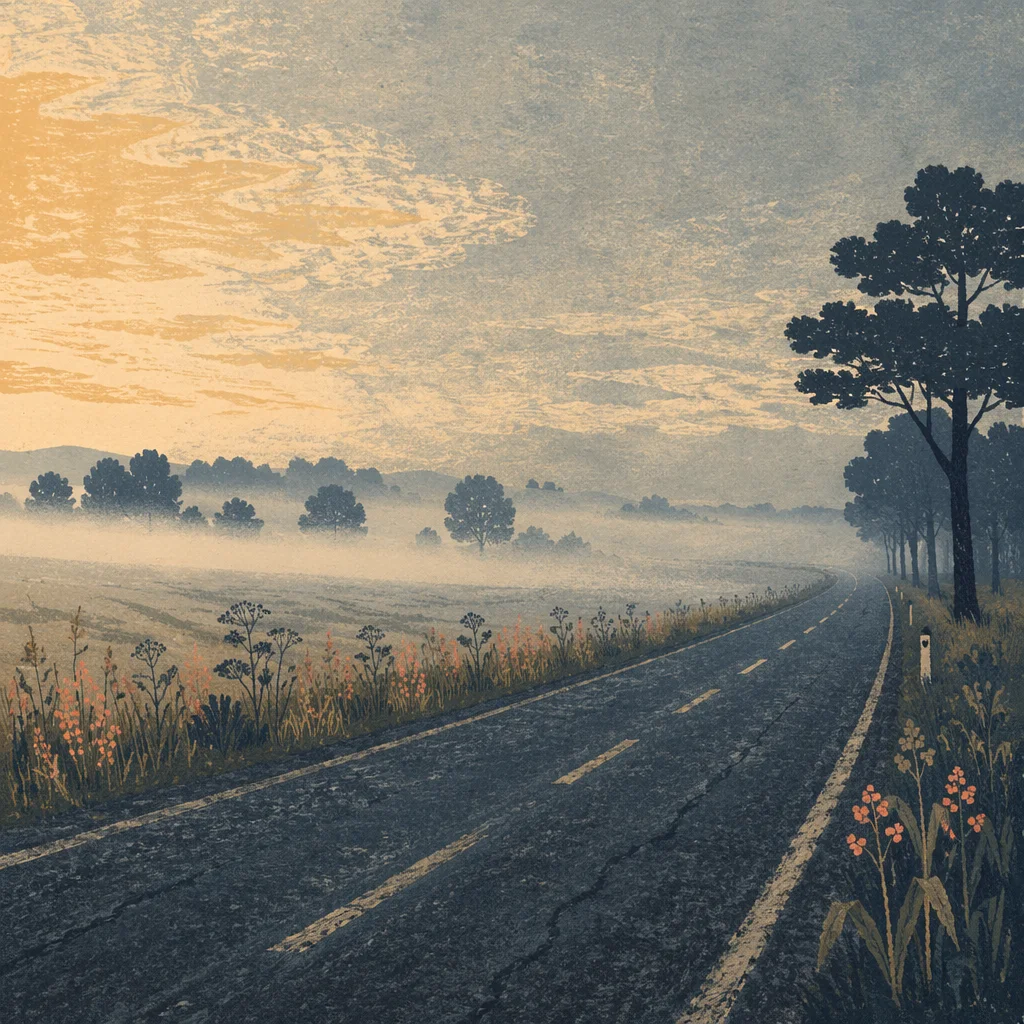 Foggy Morning Road Through Quiet Trees