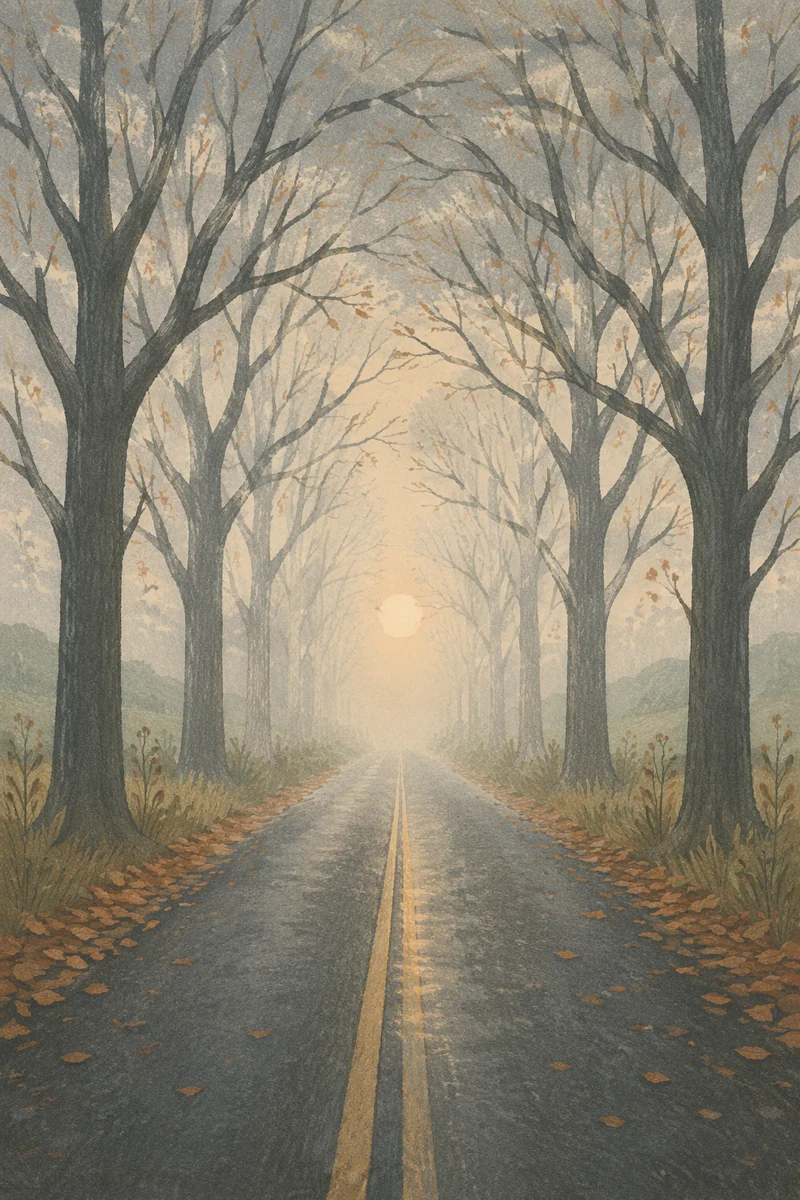 Foggy Morning Road Beneath Bare Trees