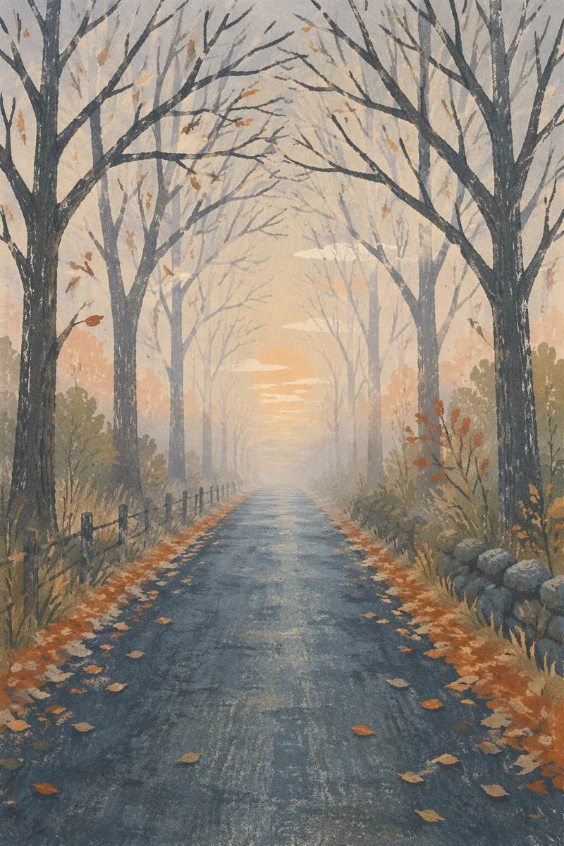 Misty Rural Road Beneath Bare Trees