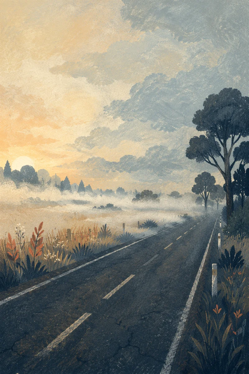 Misty Dawn Road Through Quiet Trees