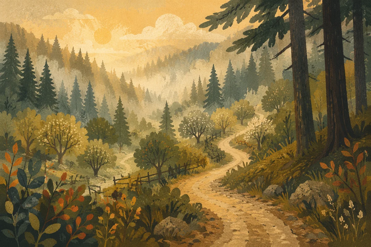 Foggy Morning Forest Road in Golden Mist