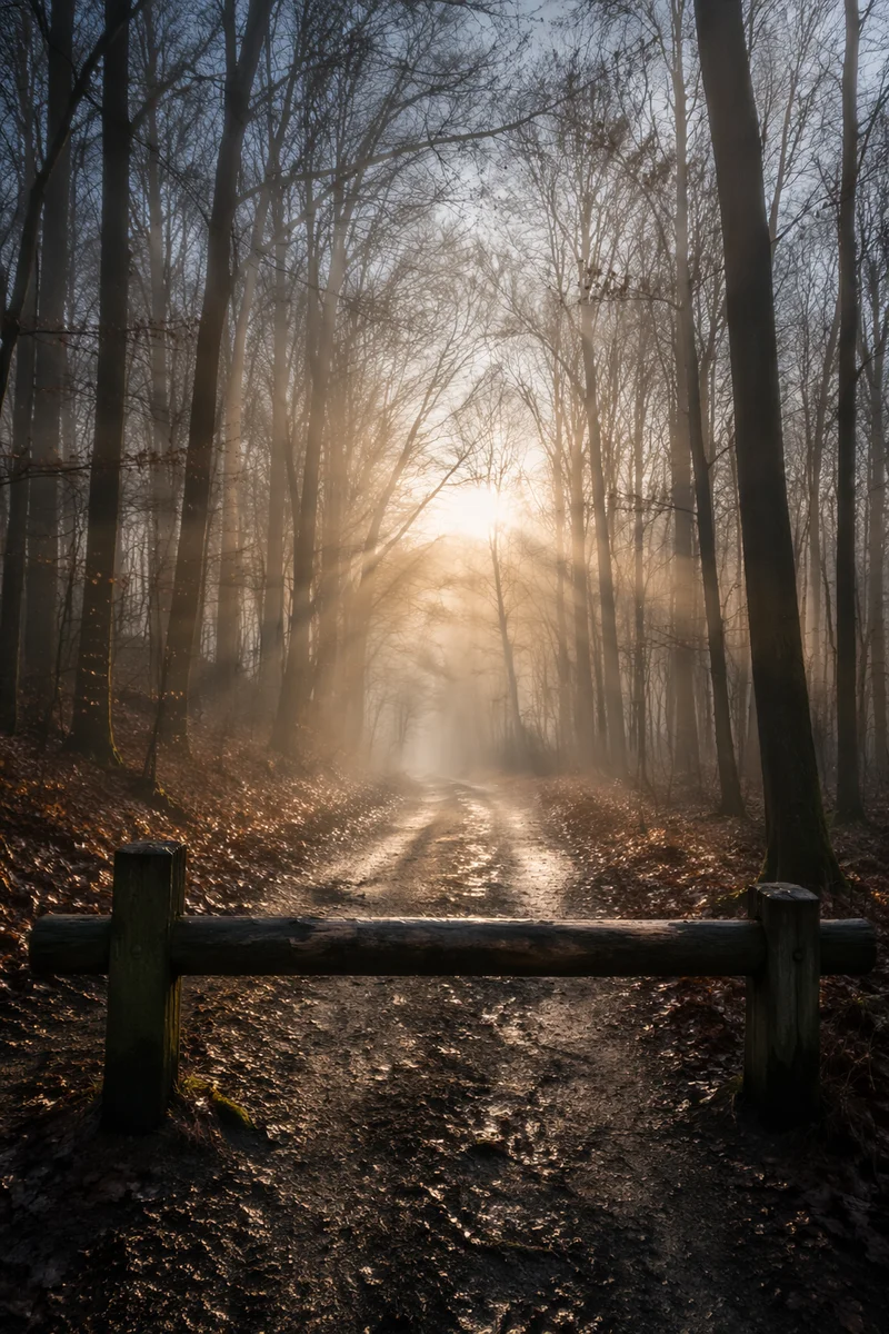 Foggy Forest Road at Sunrise