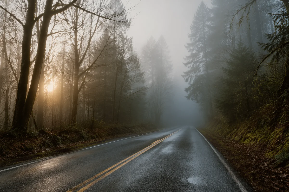 Foggy Morning Country Road Through Trees