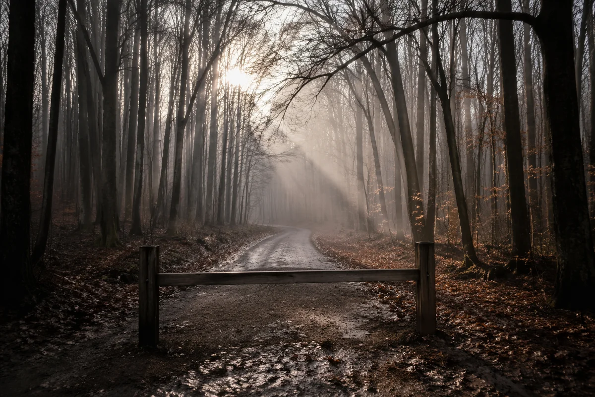 Foggy Morning Forest Road at Sunrise