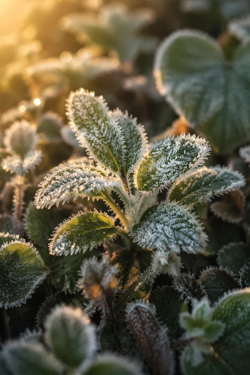 Frosted Green Leaves in Winter Macro