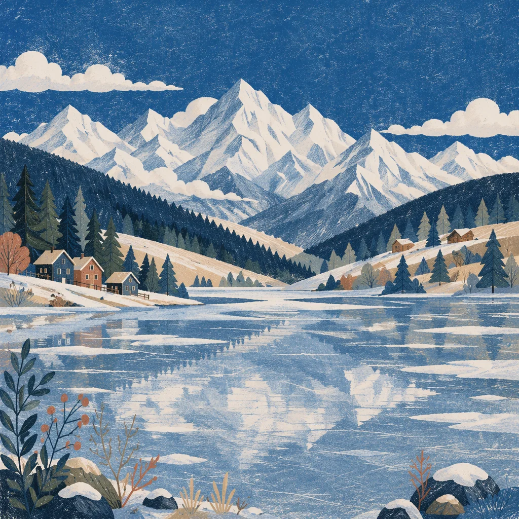 Frozen Alpine Lake with Mountain Reflections