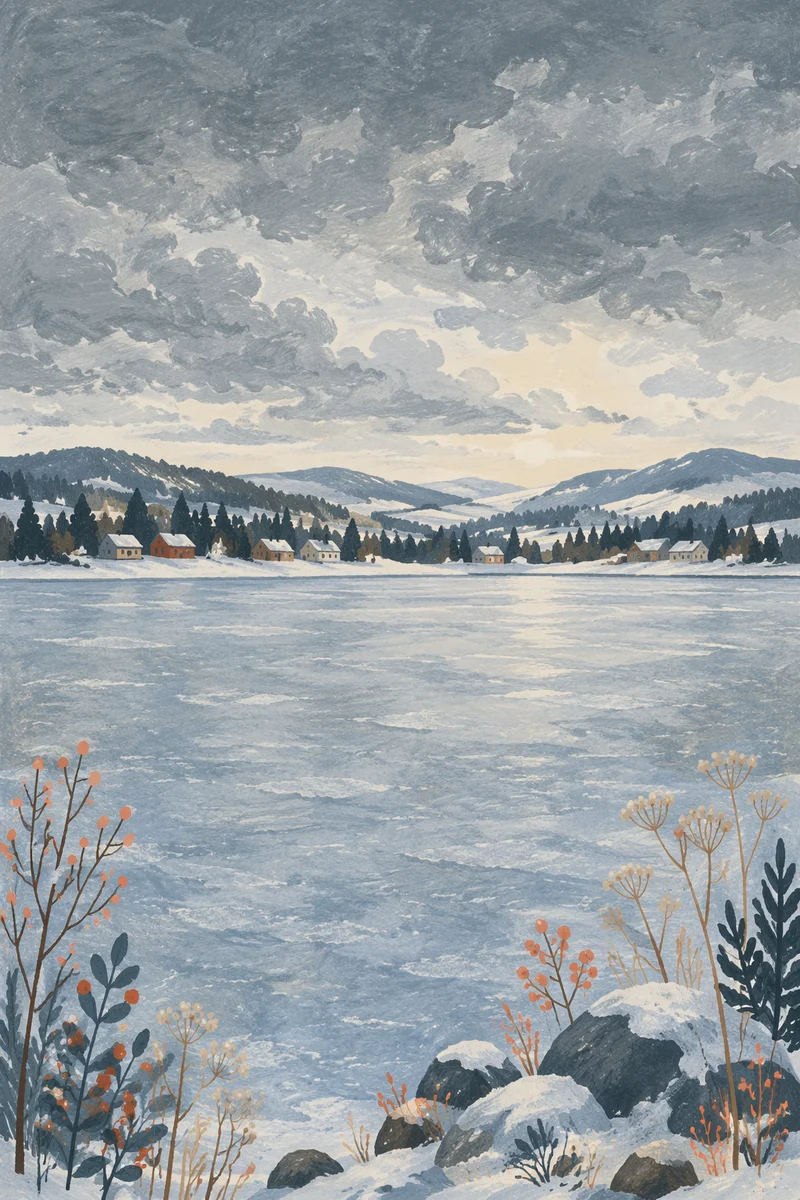 Frozen Lake Beneath Snowy Mountain Sky