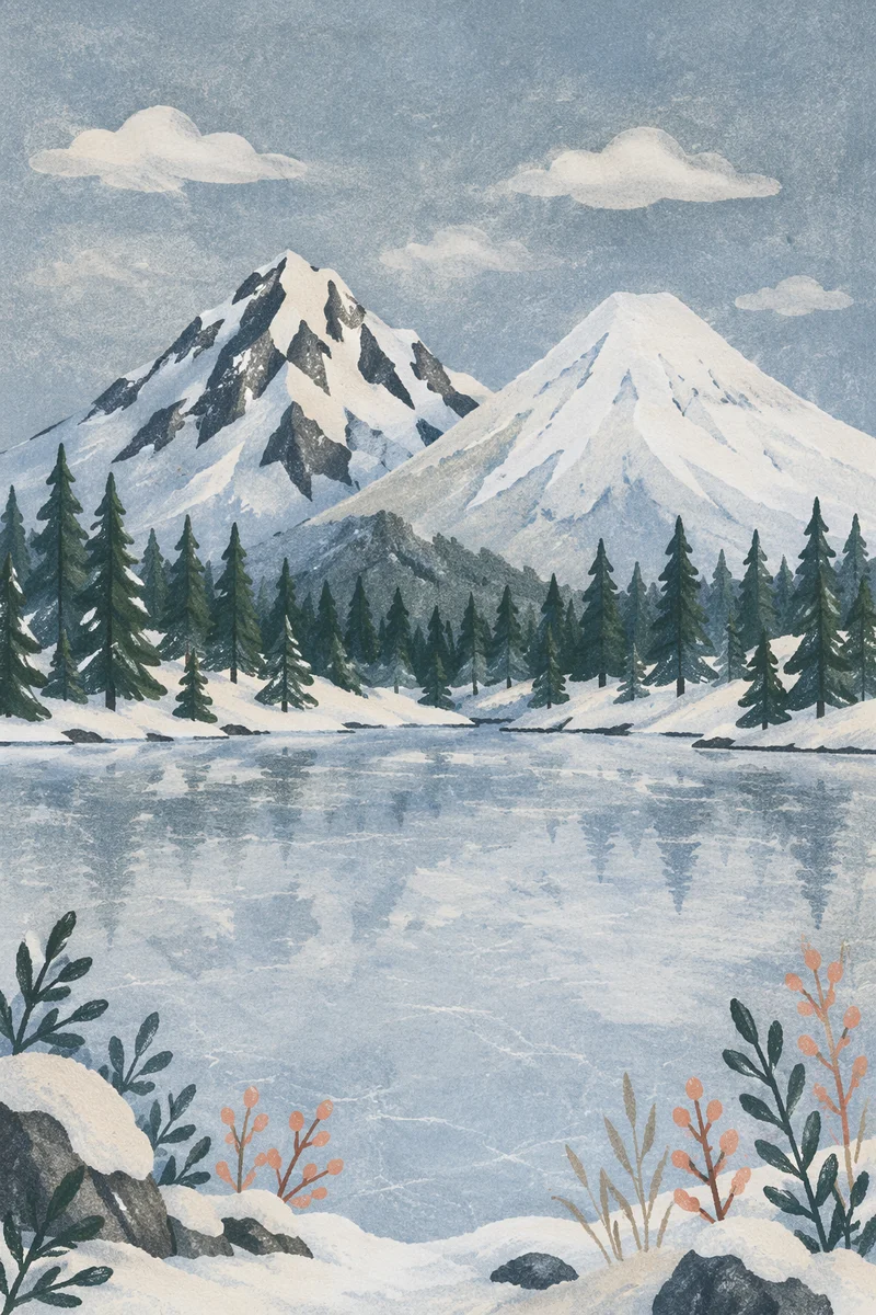 Frozen Alpine Lake with Snowy Mountain Reflections