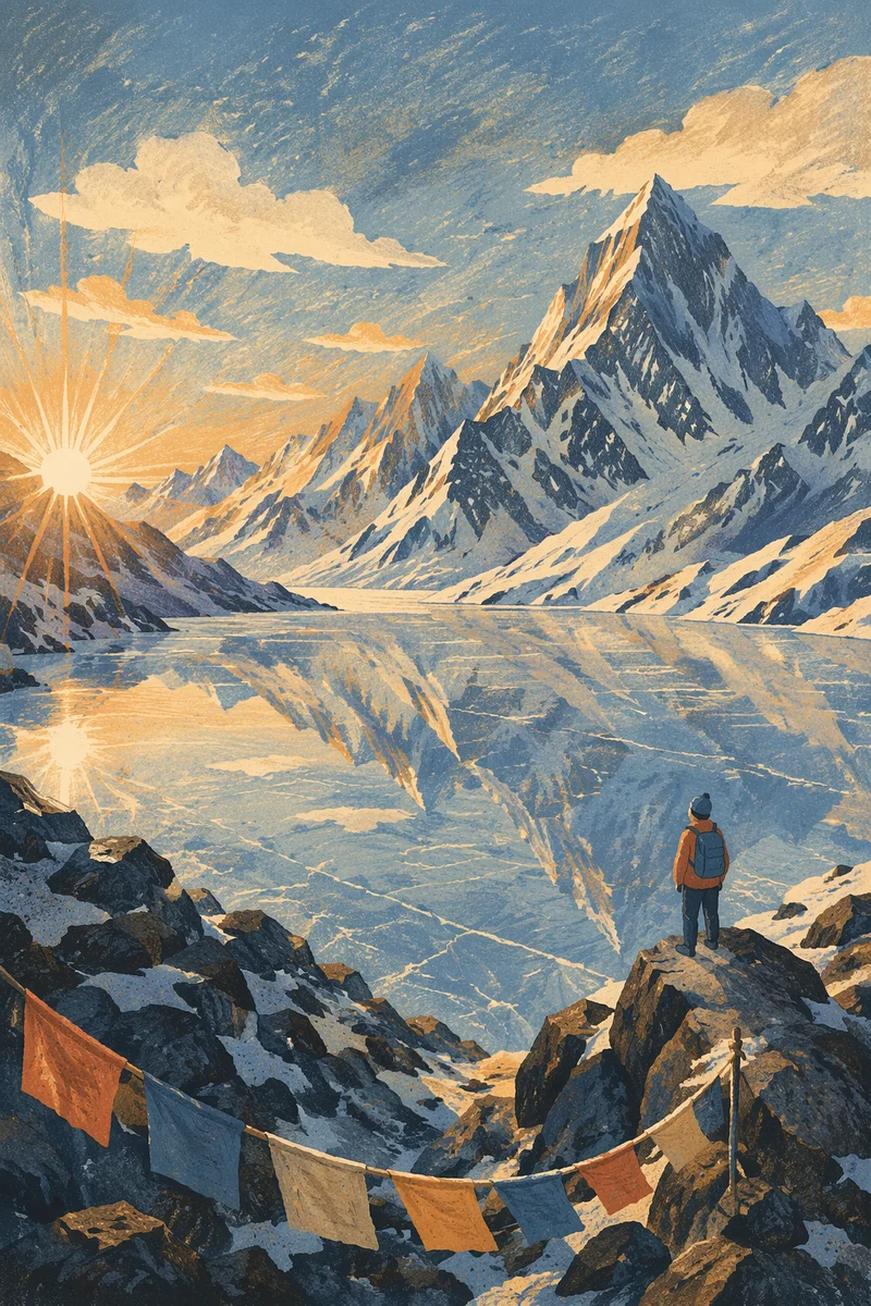 Frozen Alpine Lake and Snowy Mountain Reflection