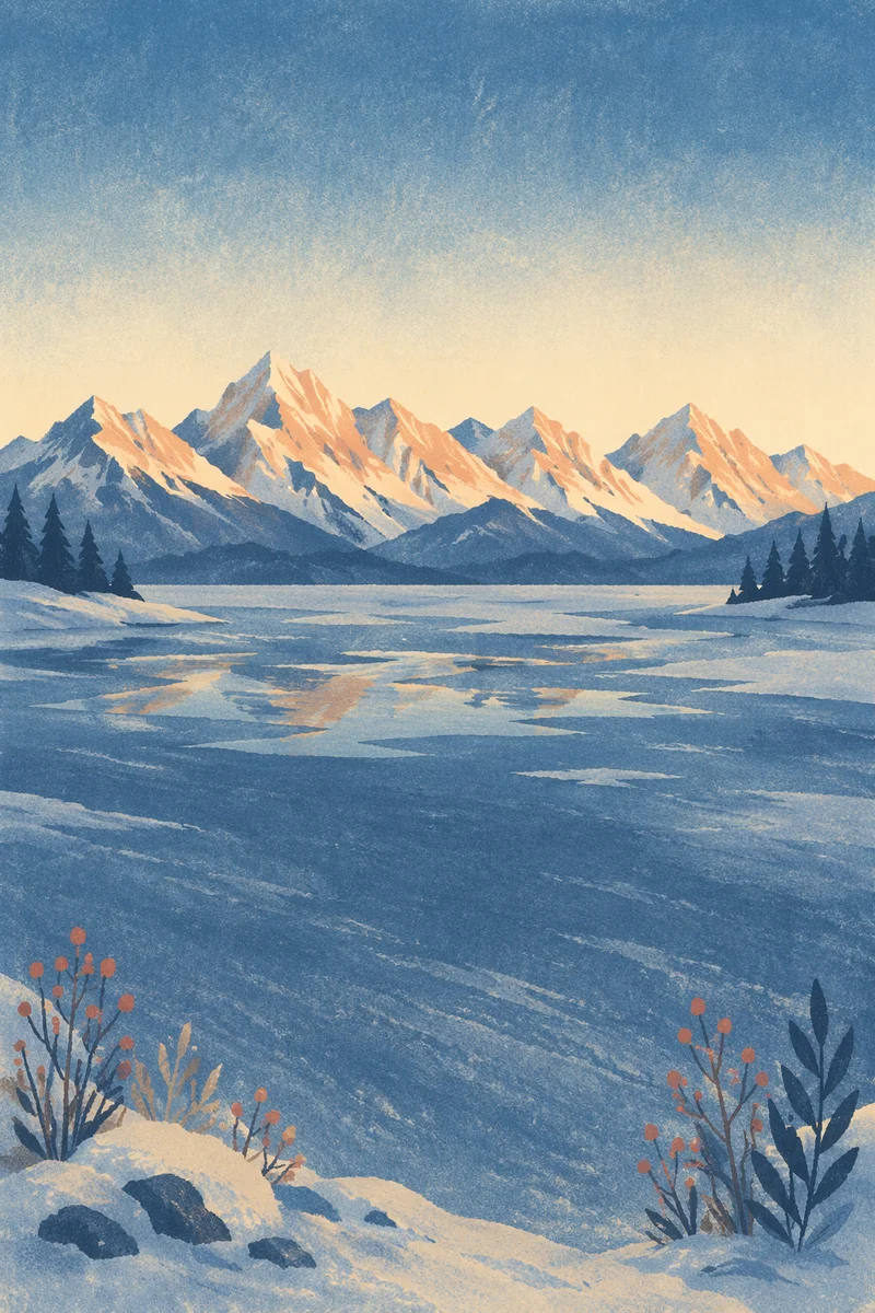 Frozen Alpine Lake and Golden Mountains