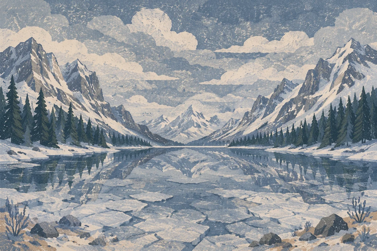 Frozen Alpine Lake with Mountain Reflections