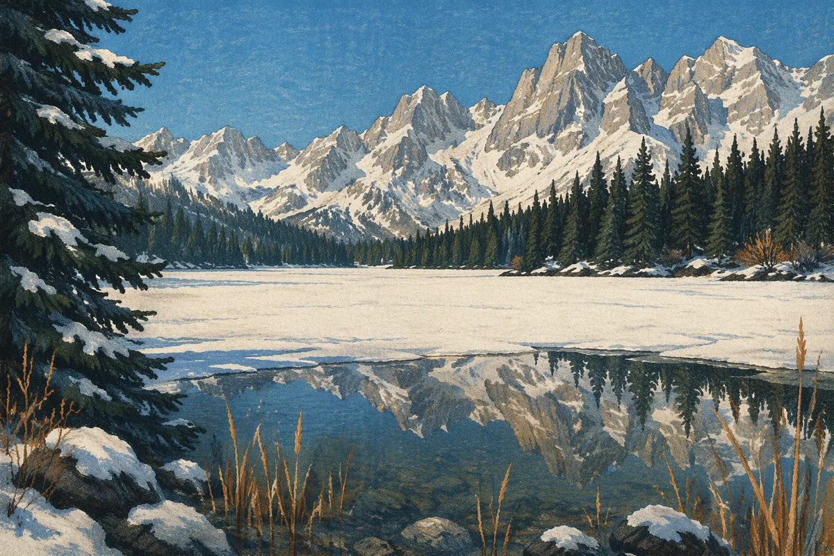 Frozen Alpine Lake with Mountain Reflection
