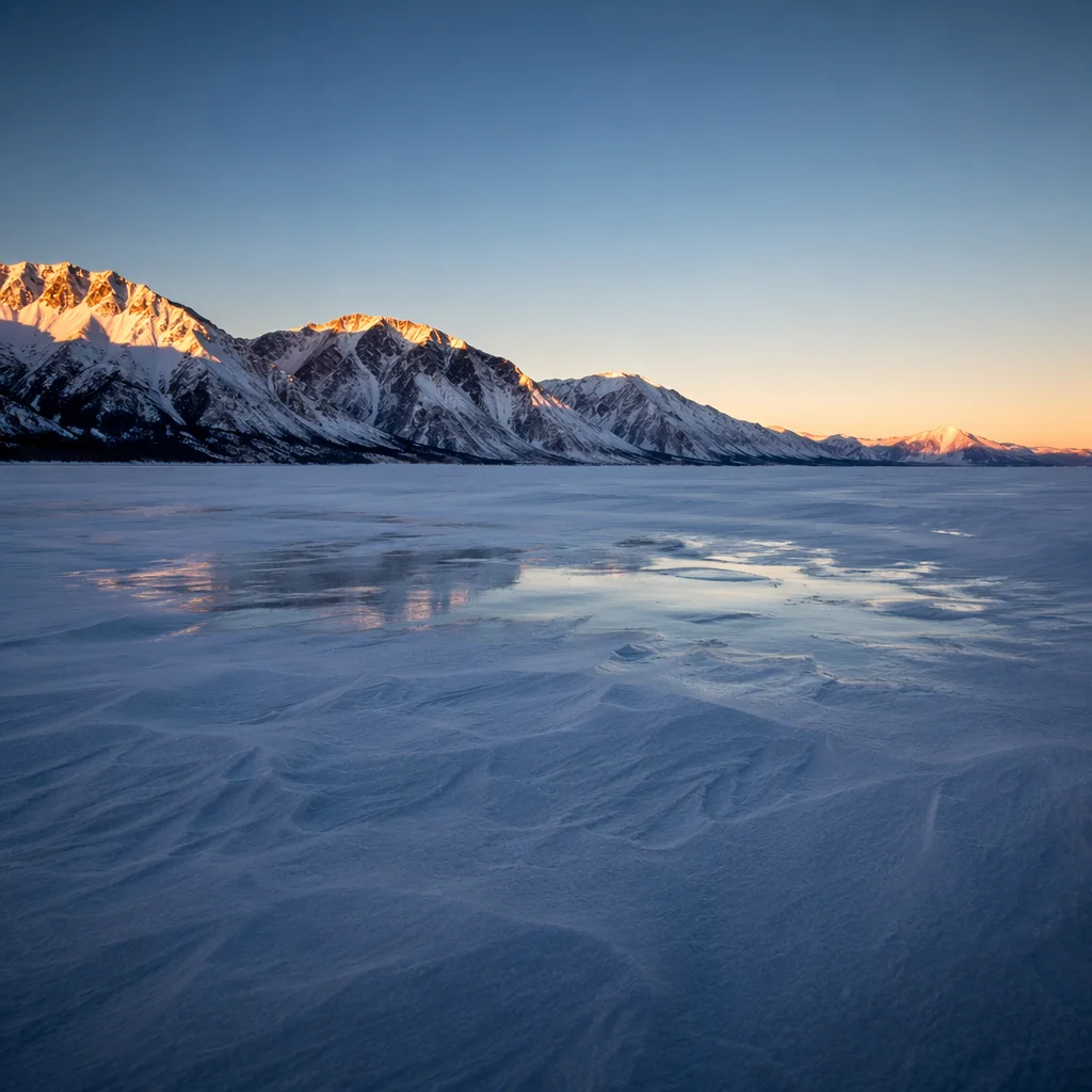 Frozen Alpine Lake at Golden Winter Dawn