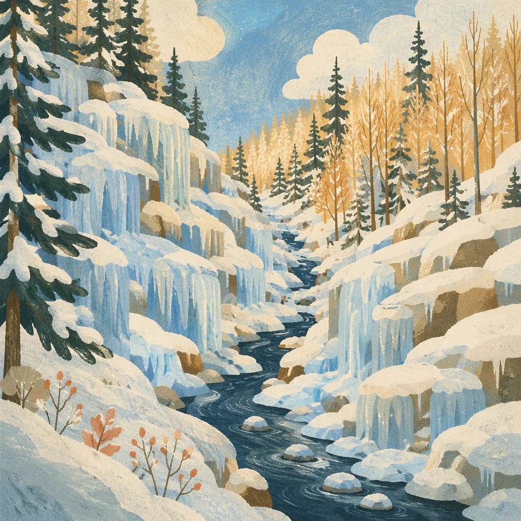 Frozen Waterfall in Serene Winter Gorge