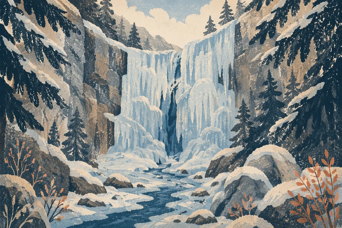Secluded Frozen Waterfall in Blue Winter Gorge