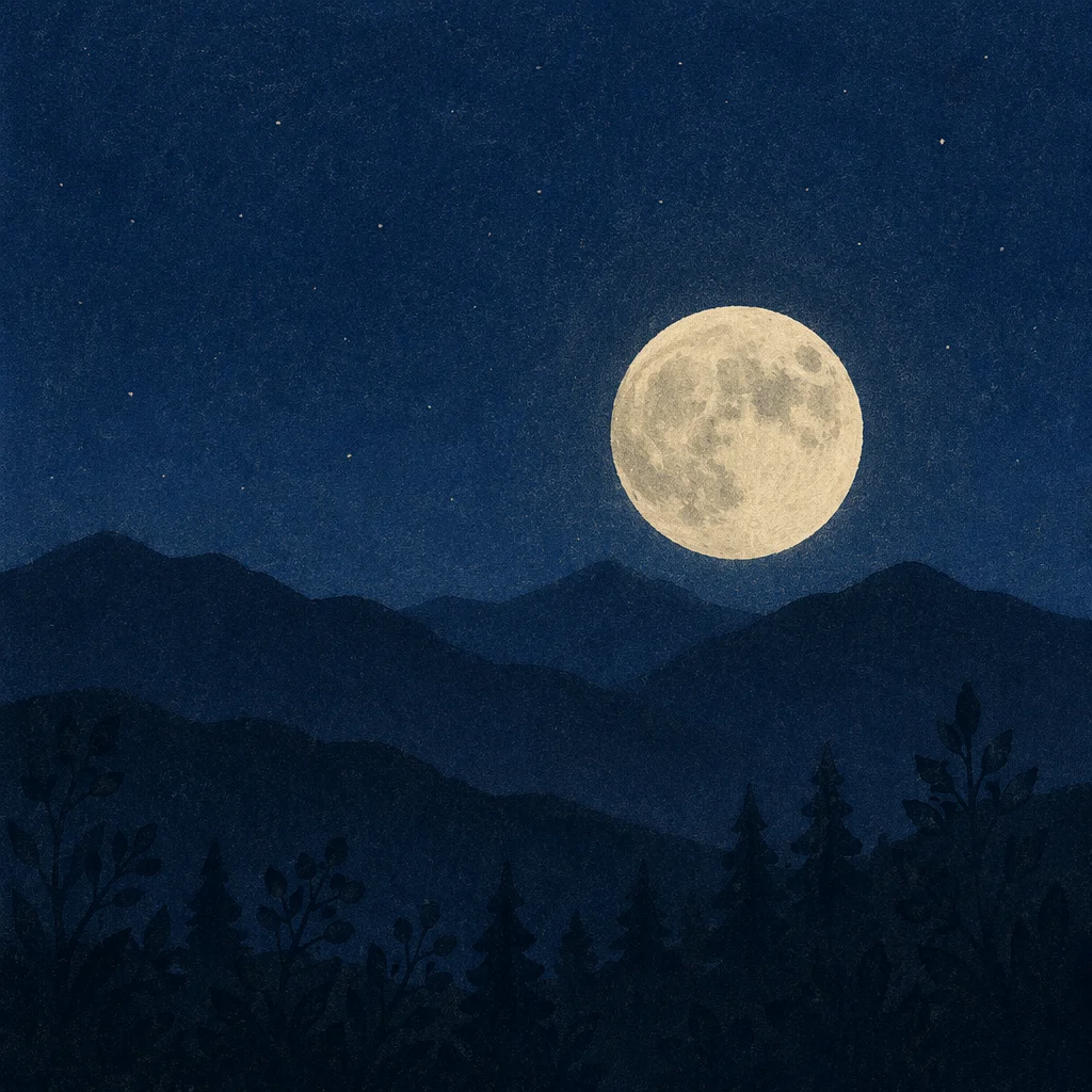 Full Moon Over Mountain Silhouette at Night