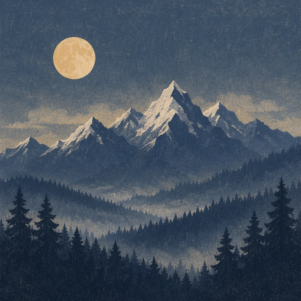 Full Moon Over Winter Mountain Silhouette