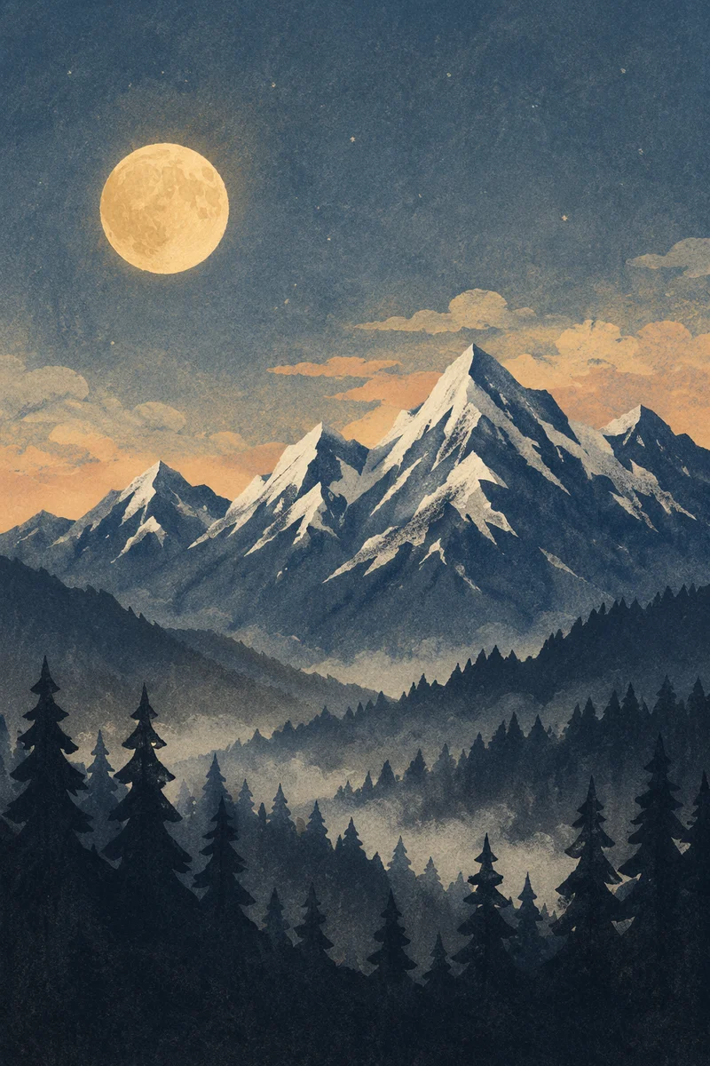 Full Moon Over Winter Mountain Silhouette