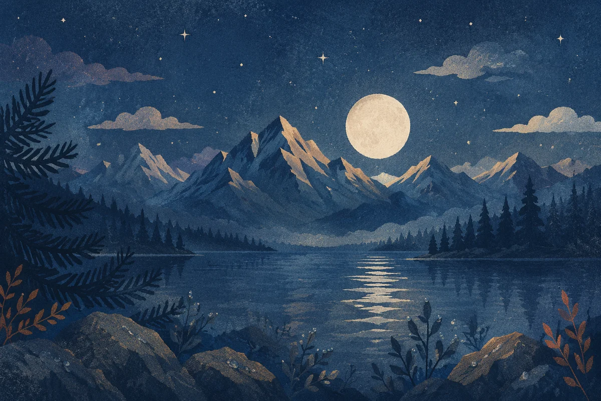 Full Moon Over Mountain Lake Night