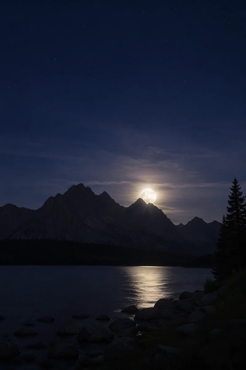 Full Moon Rising Above Mountain Lake