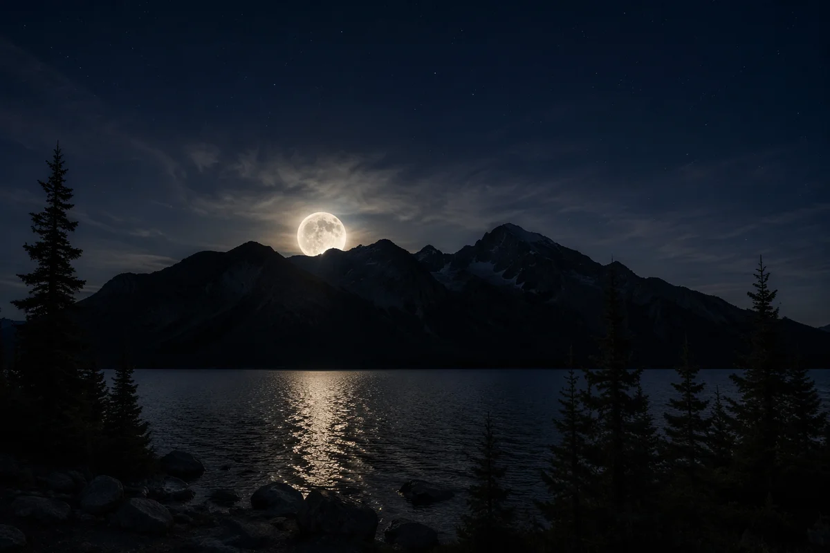 Full Moon Rising Over Mountain Lake